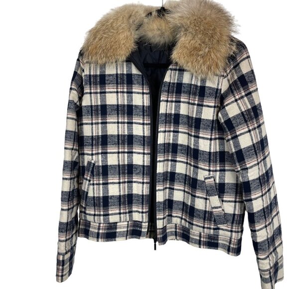Jenni Kayne Flannel Checked Coyote Fur Collar Full Zip Jacket Navy Ivory M - Picture 8 of 12